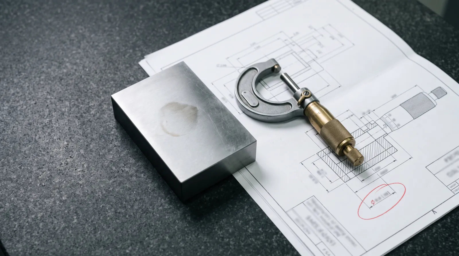 Illustrative overhead view of a steel part beside a micrometer and a marked engineering print on a granite surface plate